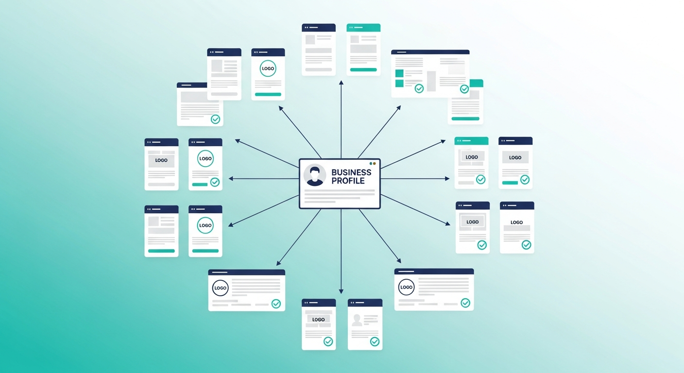 A central business profile syndicating to a network of directory listings across many search engines