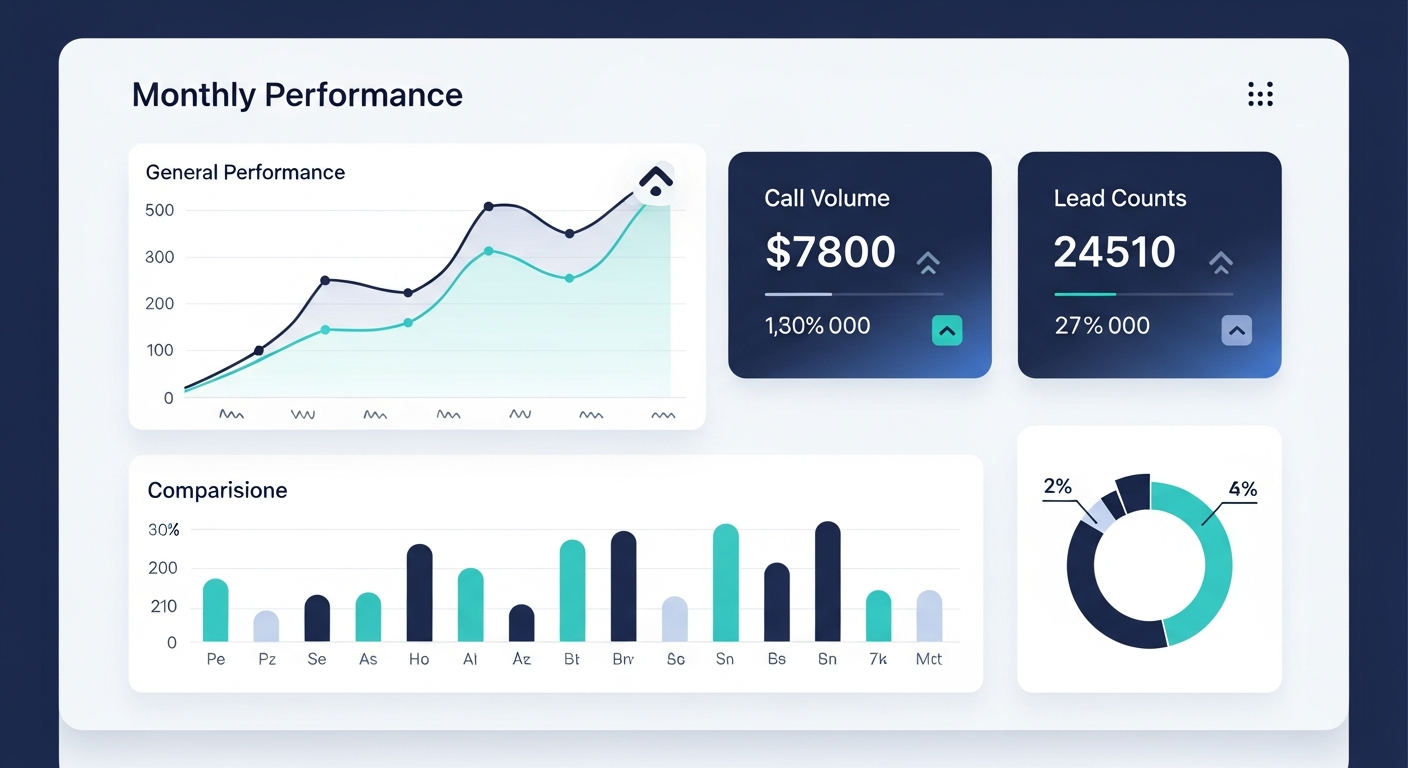 Monthly performance reporting dashboard with KPI tiles, an upward-trending area chart, and supporting charts