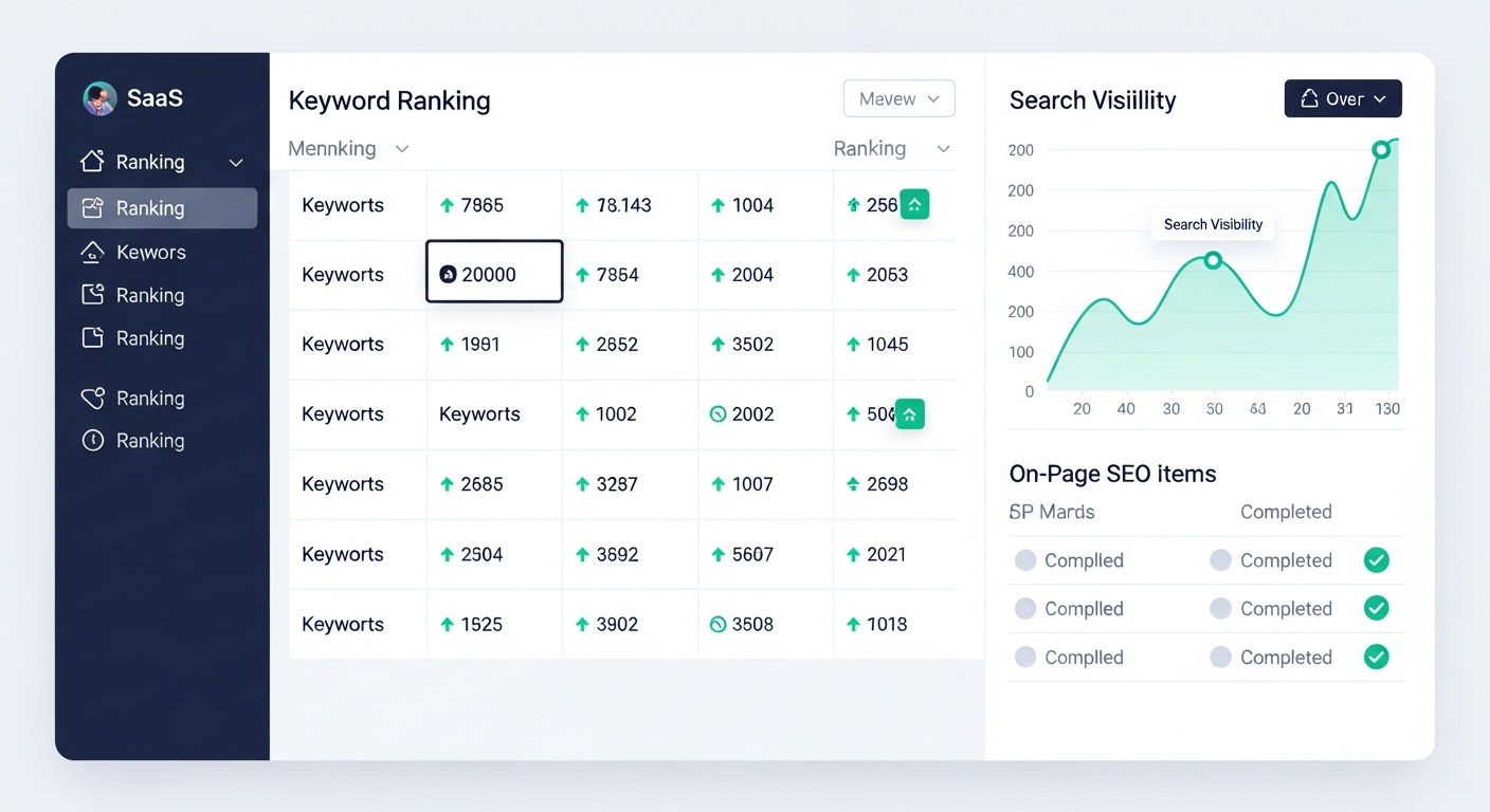 SEO ranking dashboard with a keyword grid, upward-trending visibility chart, and on-page optimization checklist