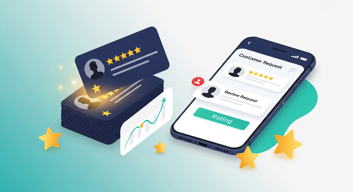 Stack of glowing 5-star customer review cards with a smartphone showing a review request notification