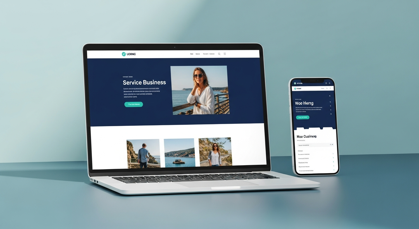 Modern responsive small-business website displayed on a laptop and a smartphone side by side