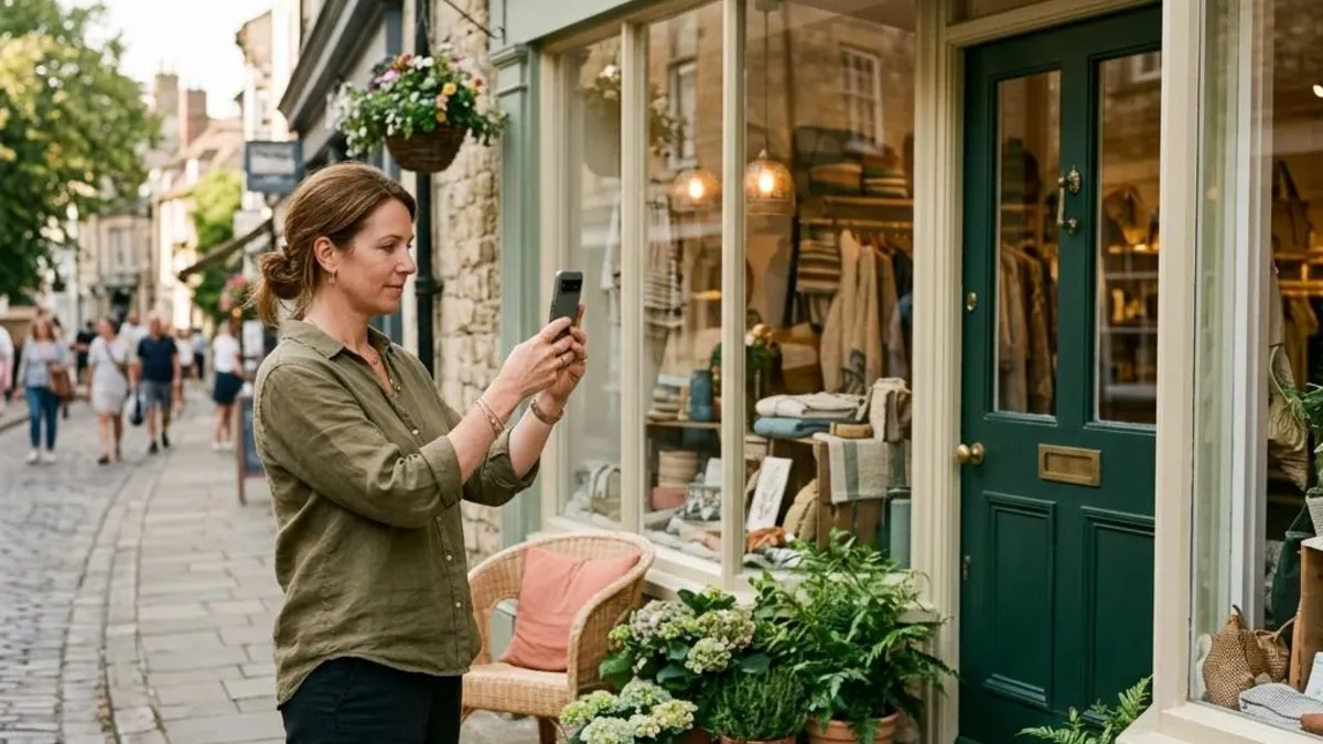 Independent shop owner photographing the shop entrance with a smartphone