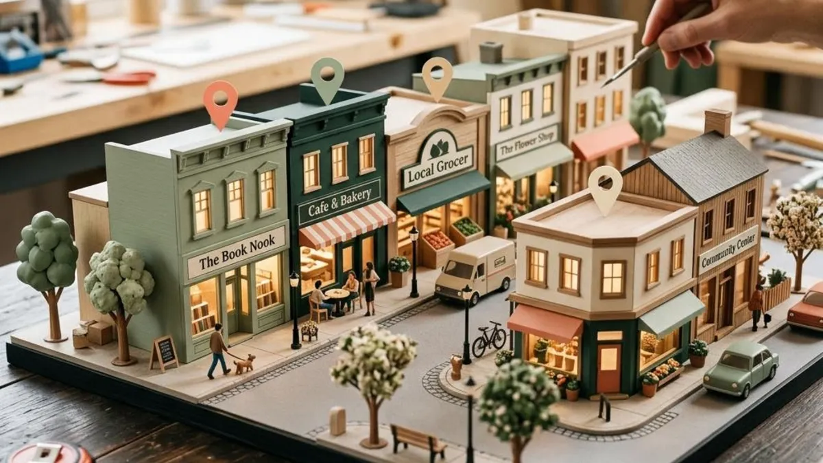 Miniature neighborhood streets and storefronts with location pins viewed from above