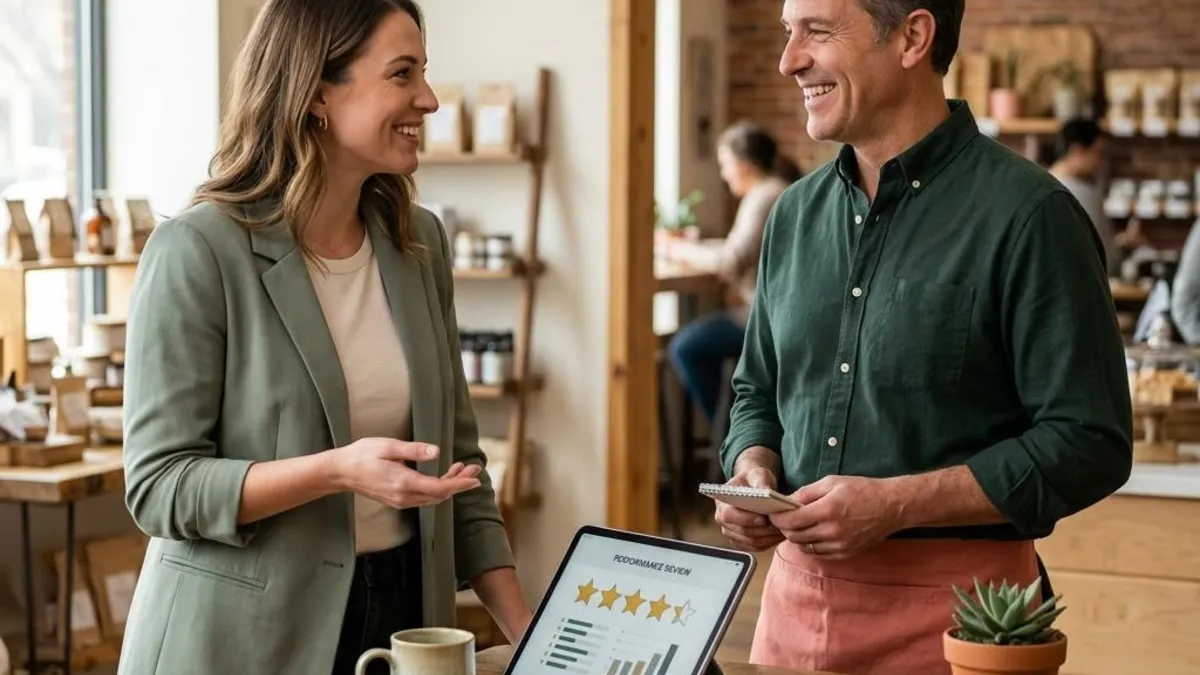 Business owner and customer having a professional conversation at a service counter