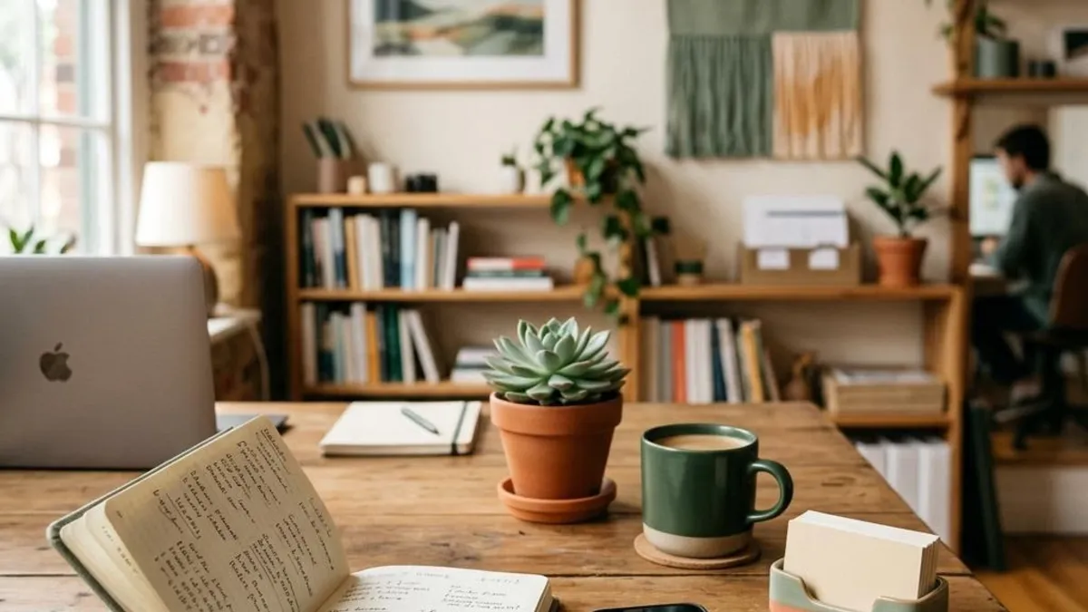 Notebook, smartphone and business cards organized on a small-business desk