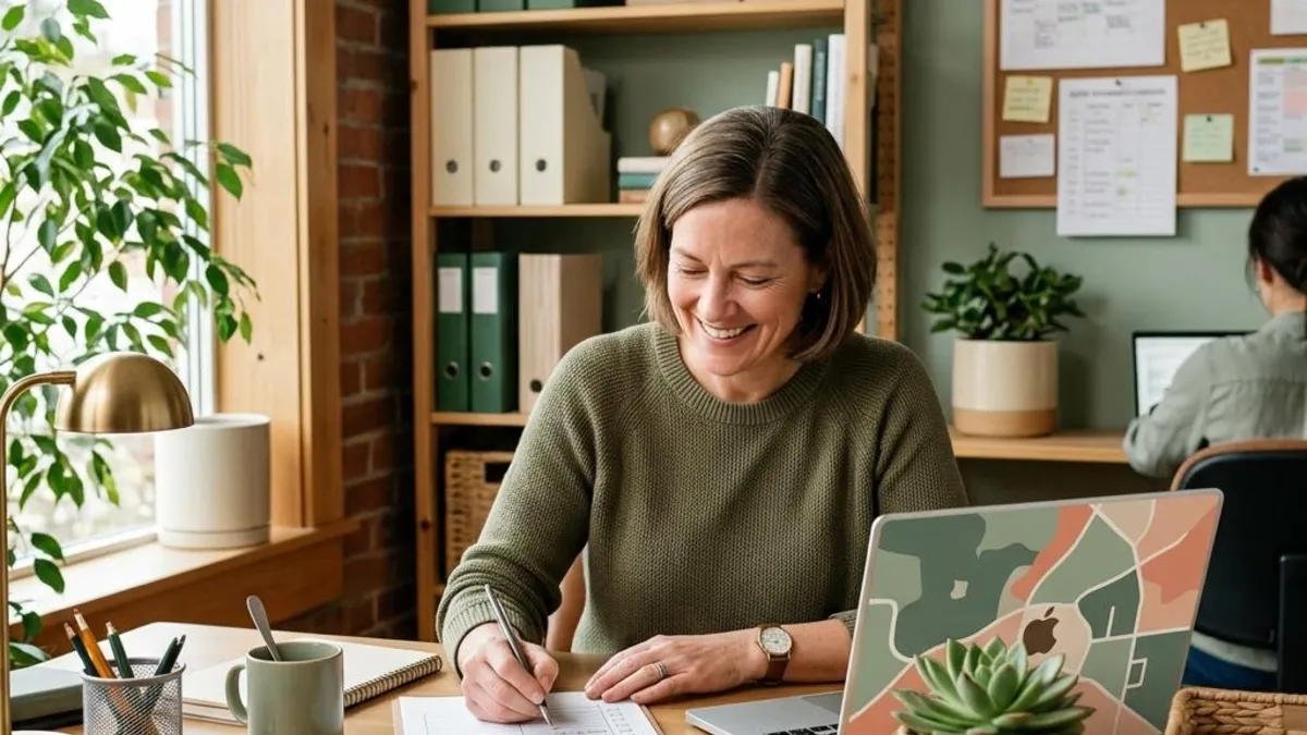 Small-business owner reviewing a marketing checklist at a desk with a laptop and plant