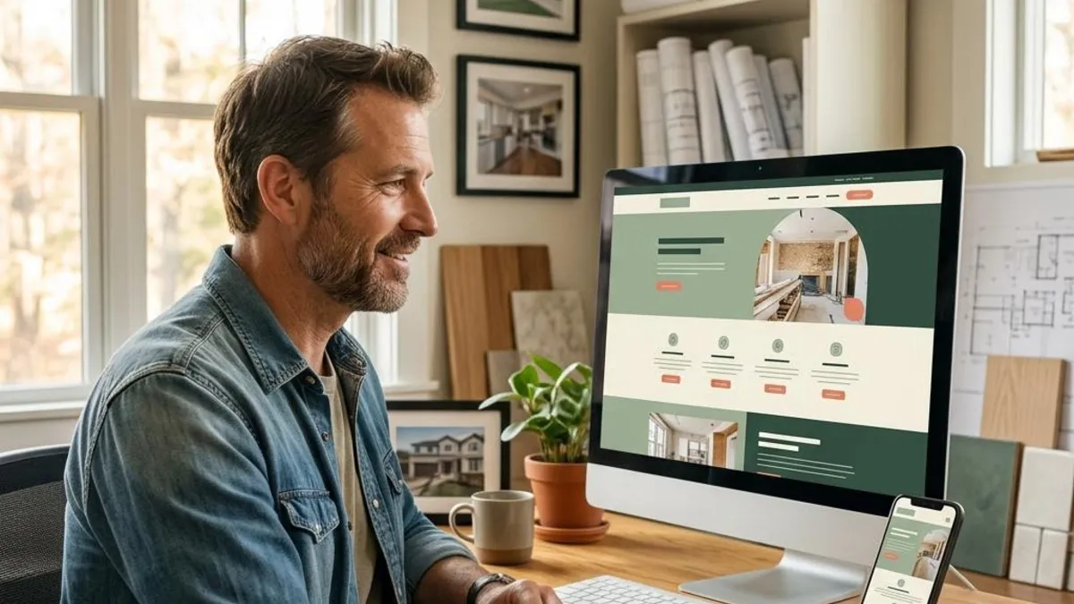 Local contractor reviewing a website on a desktop monitor with a mobile phone beside it