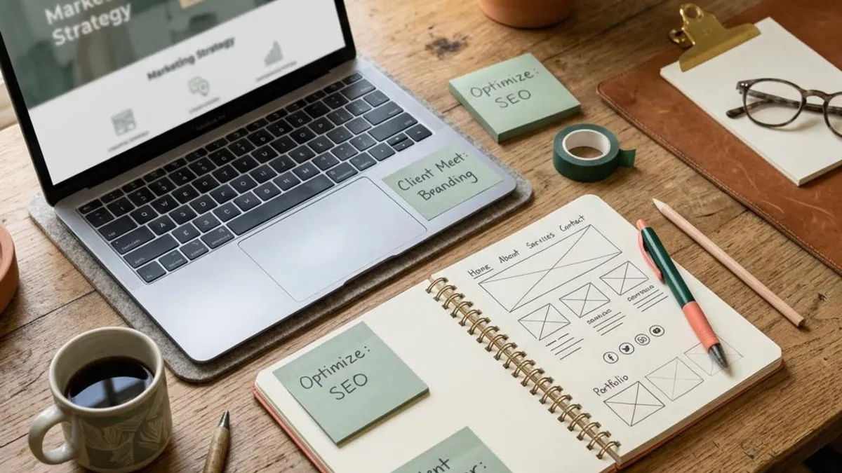 Website wireframes, sage sticky notes and a laptop arranged on a planning desk
