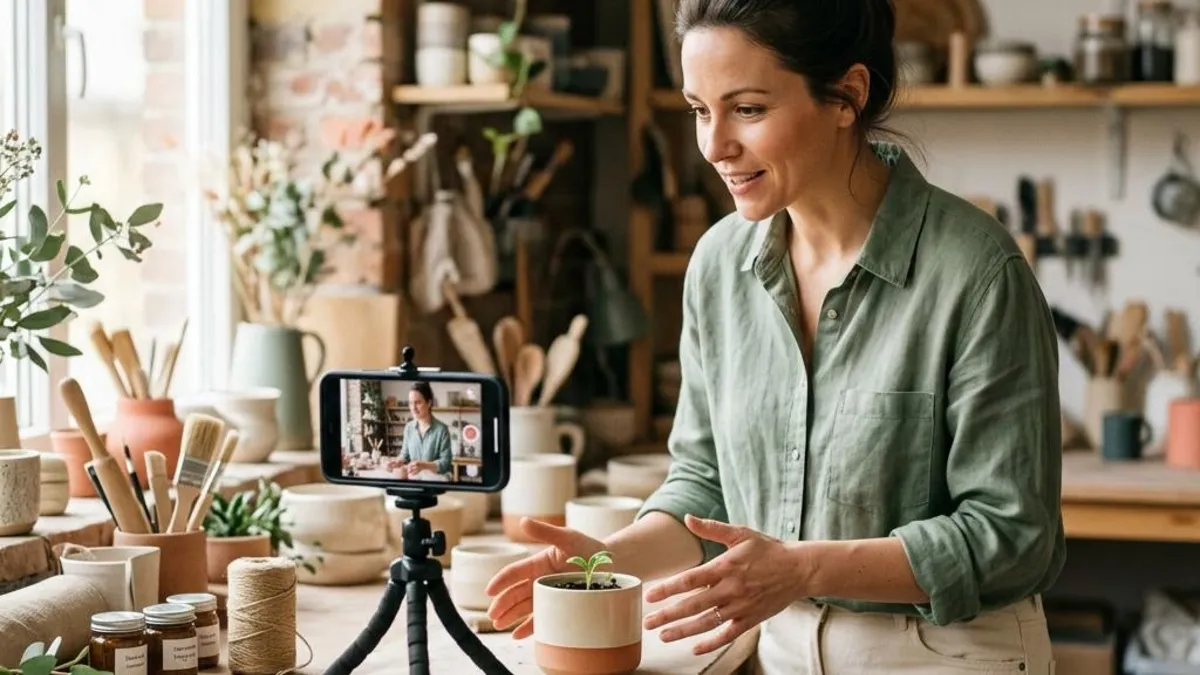 Small-business professional recording a hands-on demonstration with a smartphone on a tripod