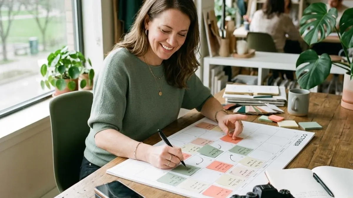 Business owner planning social content with a paper calendar, sticky notes, camera and smartphone